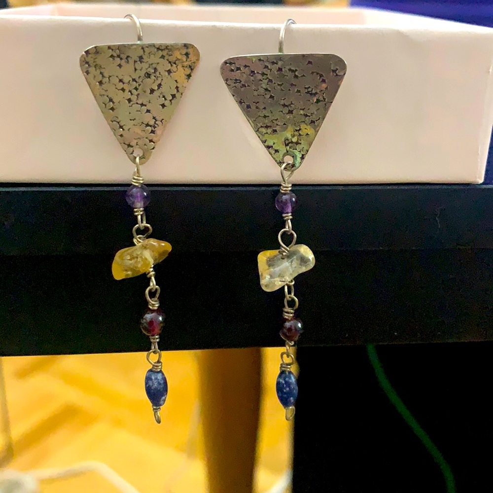 Vintage 80/90s Triangle Earrings with stones 💎 Hypoallergenic